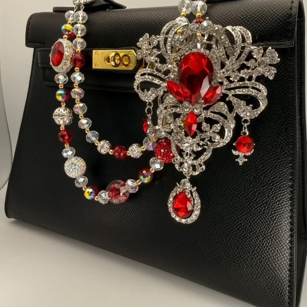 Red Silver Big Brooch Bag Charm Crystal Beaded Purse‎ Charm Rhinestone Keychain